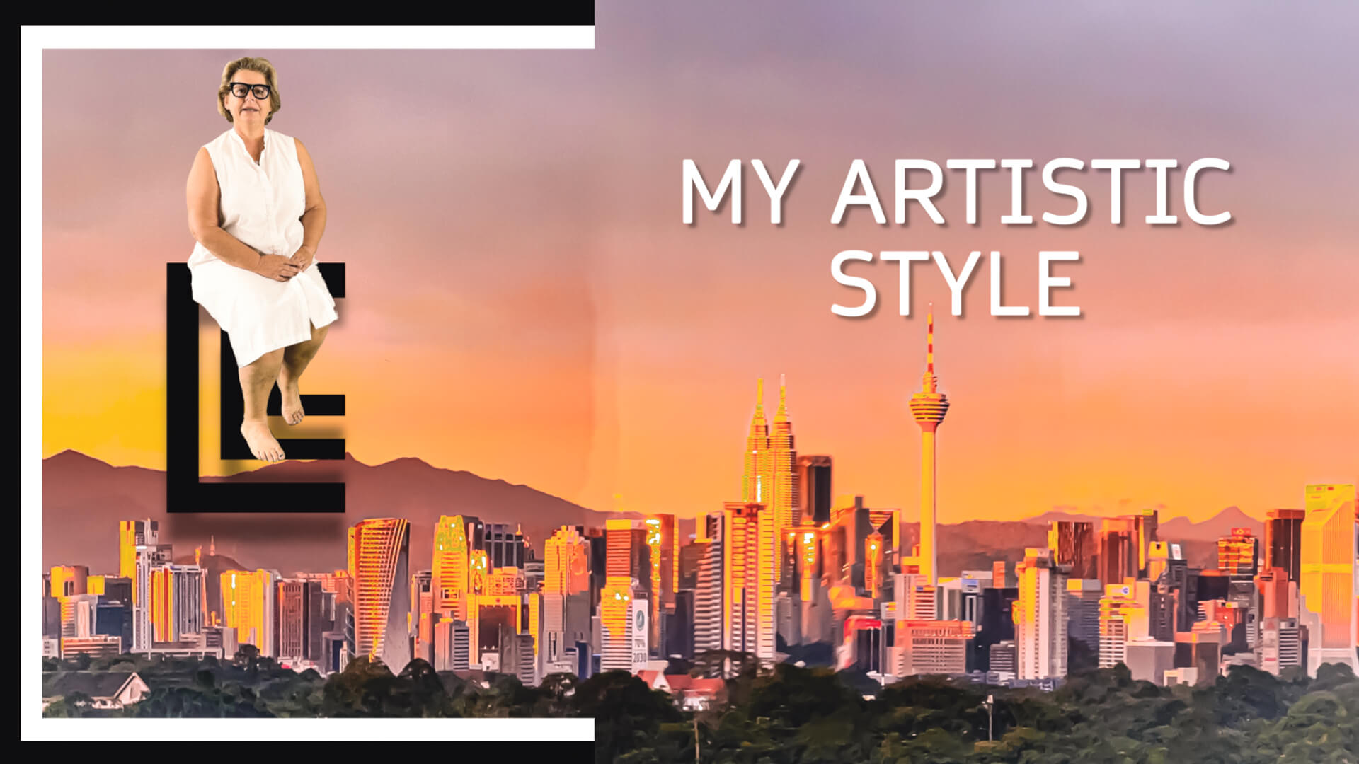 Claire Lassonnery, My Artistic Style, artist talk video, seated in white dress, Kuala Lumpur skyline at sunset in background