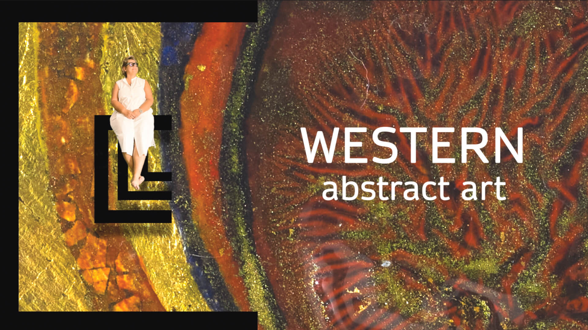 Claire Lassonnery, Western Abstract Art, artist talk video, standing in white dress in front of golden red abstract painting