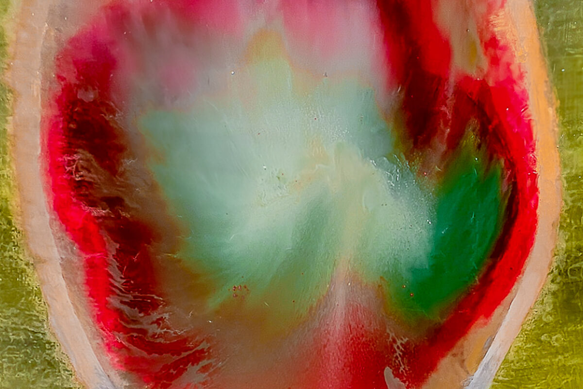 Claire Lassonnery, Malay Vibrations, group exhibition, WL Art Gallery, Malaysia, 2025, red pink abstraction, green organic central form