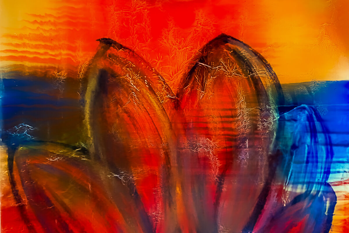 Claire Lassonnery, Her Living Legacy, group exhibition, Artitude Galeria, Singapore, 2025, orange red abstract painting, dark organic forms, blue lower band