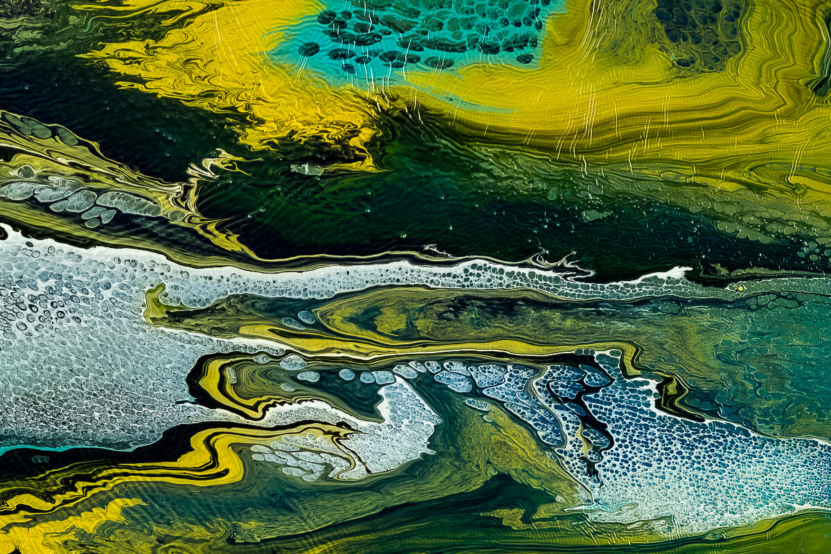 Claire Lassonnery, Suspended Between Two Worlds, solo exhibition, Alliance Française de Kuala Lumpur, 2025, teal green and golden yellow fluid abstraction