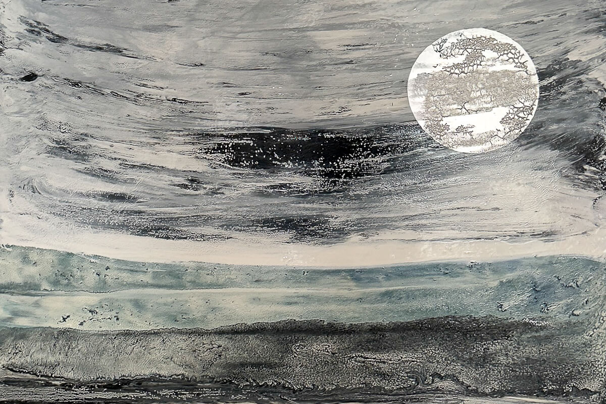 Claire Lassonnery, MUTE Silencieux, solo exhibition, Alliance Française de Penang, 2026, atmospheric abstraction, grey silver tones, large white disc, dark horizontal bands