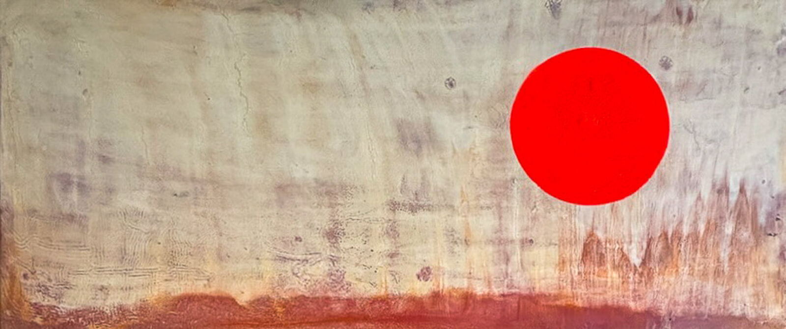 Claire Lassonnery, SILENCE series, atmospheric abstraction, dark blue and ochre horizontal bands, large silver disc, oil and pigment on canvas